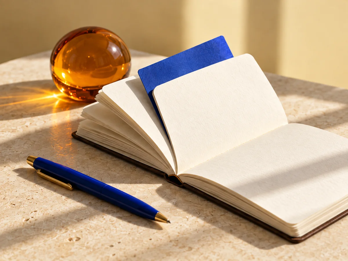 An open notebook, cobalt pen, and amber glass in warm sunlight.