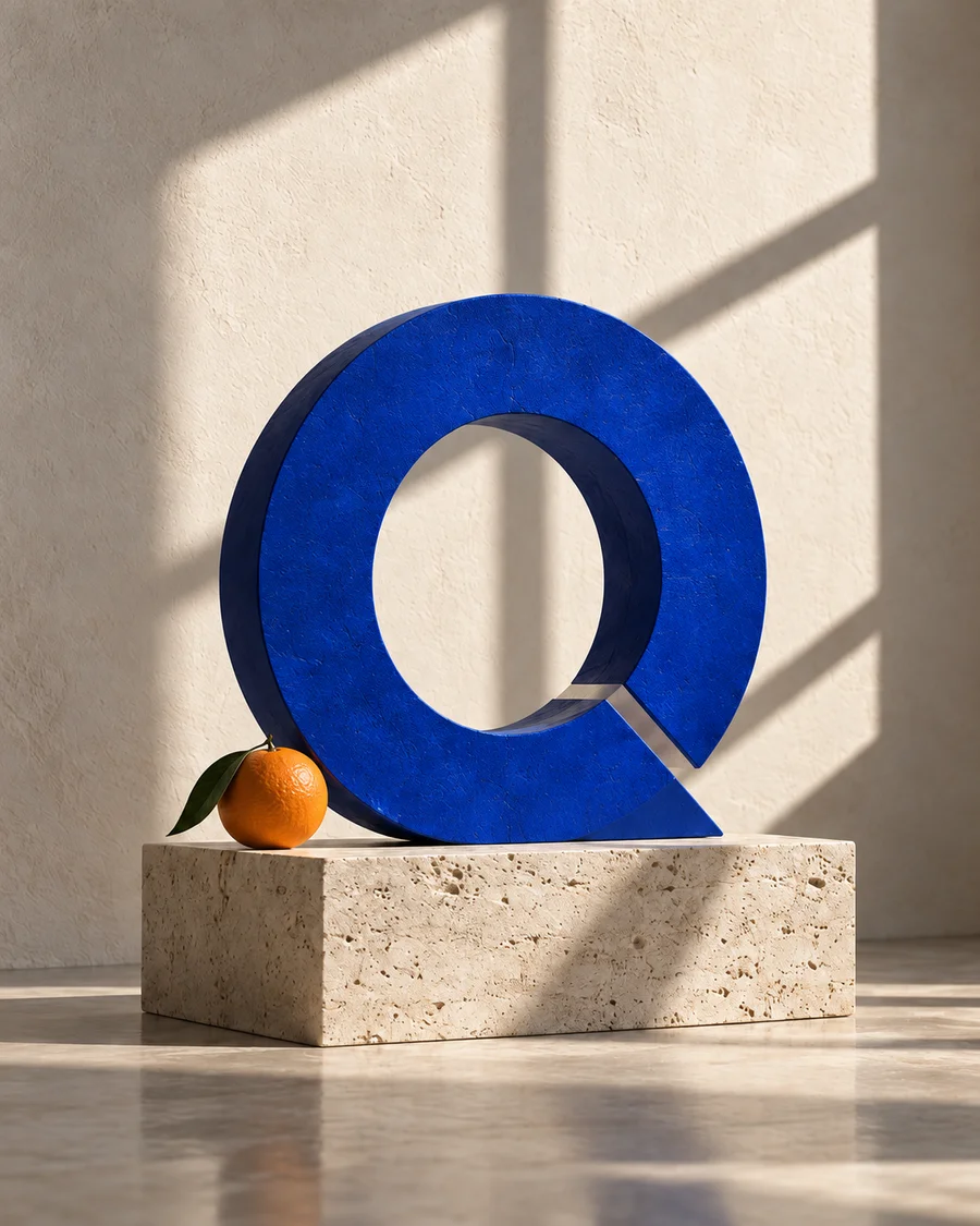 The cobalt Q sculpture in warm afternoon light.