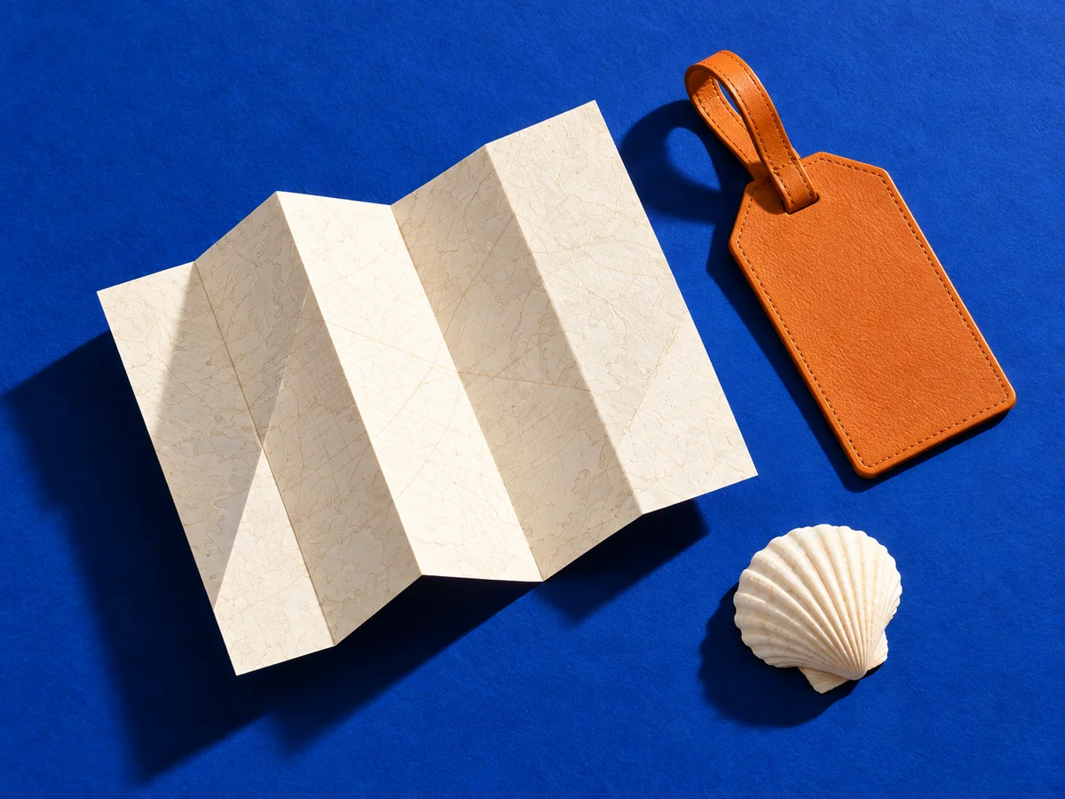 A folded paper map, orange luggage tag, and shell on cobalt blue.